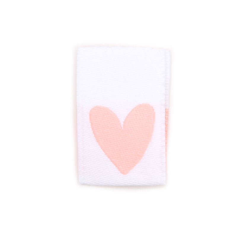 Woven Label - Heart pink on white