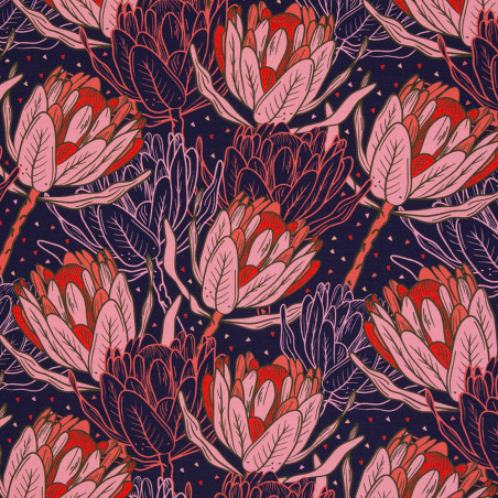 Modal French Terry - Flower Dreams Flowers Protea Blossom Dark Blue