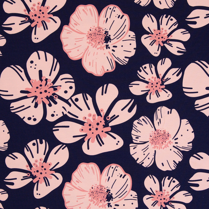 modal french terry - Rêves de fleurs de cerisier bleu marine