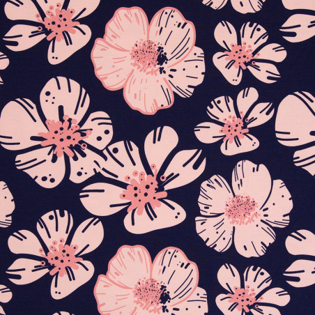 modal french terry - Rêves de fleurs de cerisier bleu marine