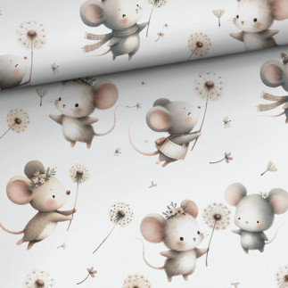 coton tissé - Souris et pissenlits blancs