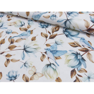 Toile - Oiseaux fleuris rétro blanc cassé