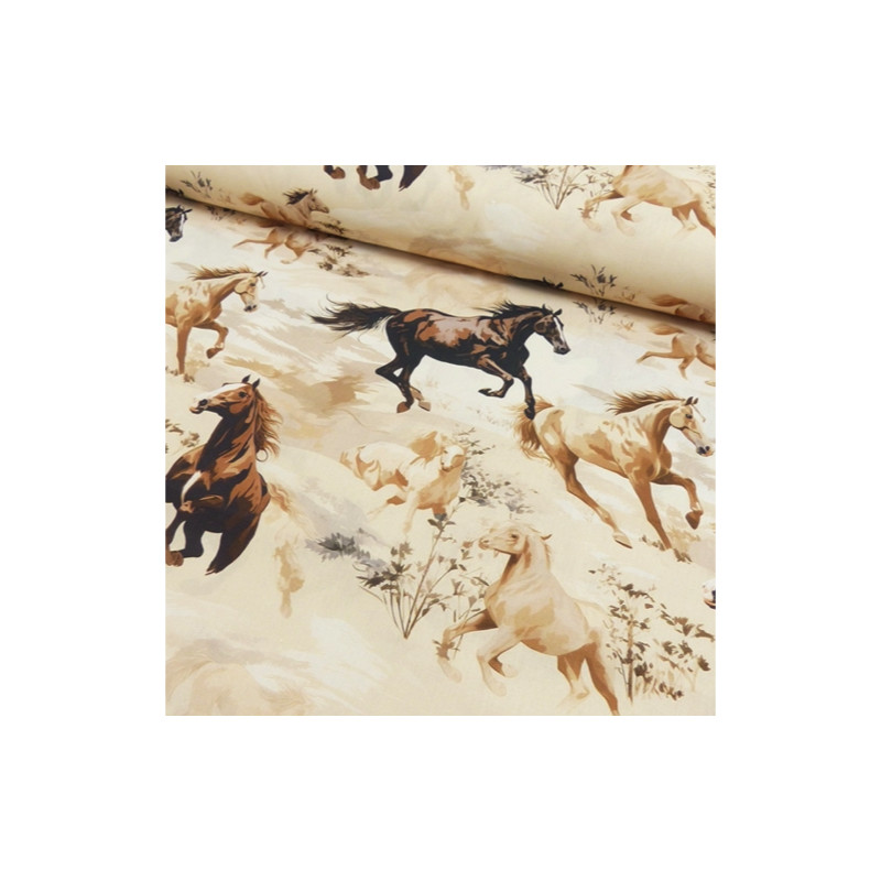 Cotton - digital print horses light beige