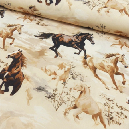 Cotton - digital print horses light beige