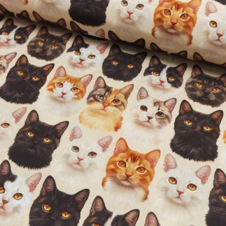 Cotton - digital print cats light beige