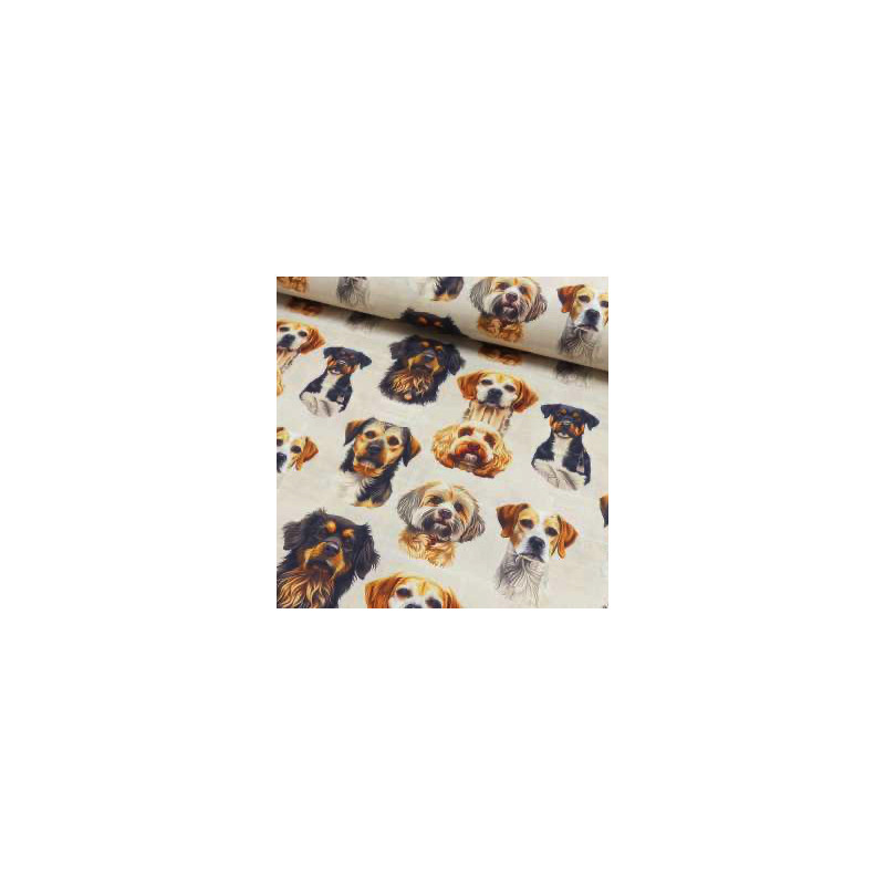 coton tissé - imprimé numérique chiens beige clair