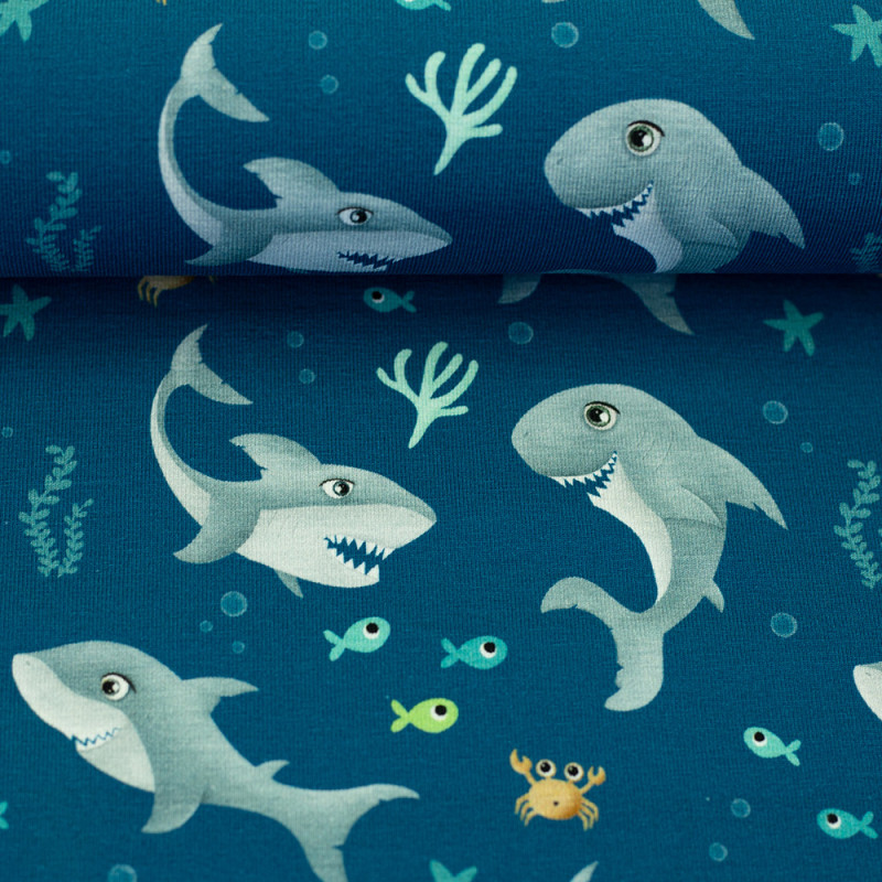 jersey – Ahoy! Shark, bleu foncé, par Mrs Mint Design
