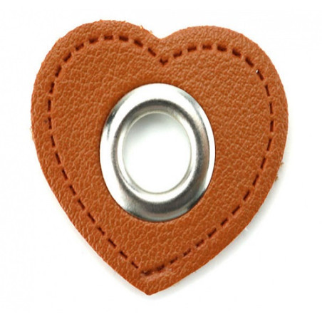 Eyelet on artificial leather heart brown 8mm silver