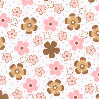 Flanelle - Fleurs roses/marron sur blanc