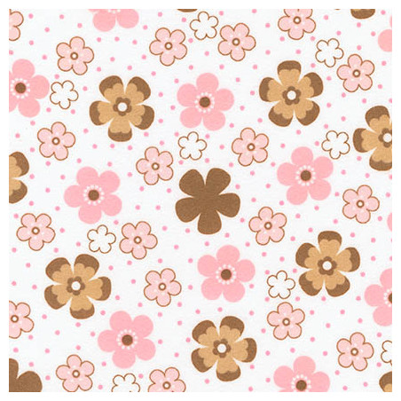 Flanelle - Fleurs roses/marron sur blanc