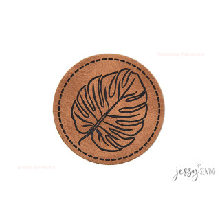 XXL synthetic leather label - Monstera round brown