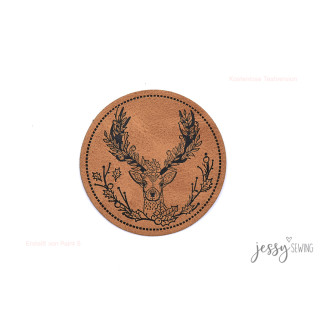 XXL synthetic leather label - deer round brown