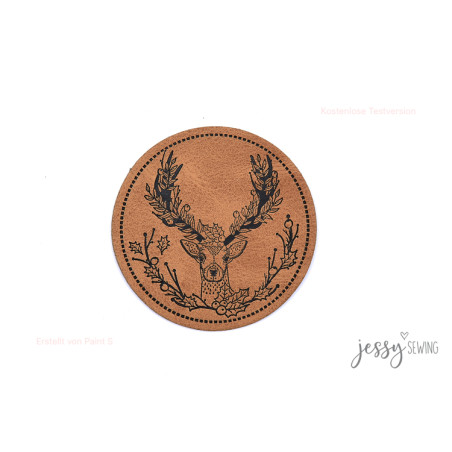 XXL synthetic leather label - deer round brown