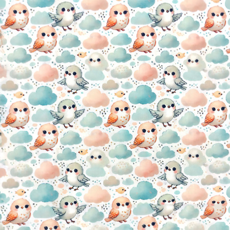 Baumwollpopline - Oiseaux et nuages blanc