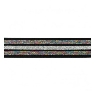 Gummiband 40mm Streifen Glitzer Regenbogen / schwarz / silber