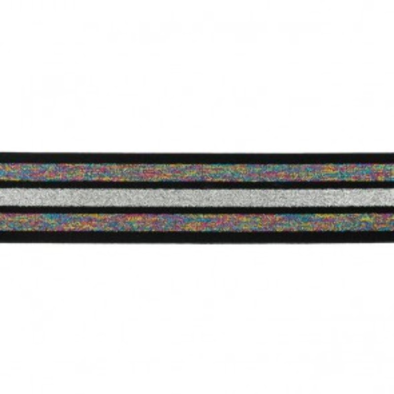 Elastic ribbon 40mm stripe glitter rainbow / black / silver