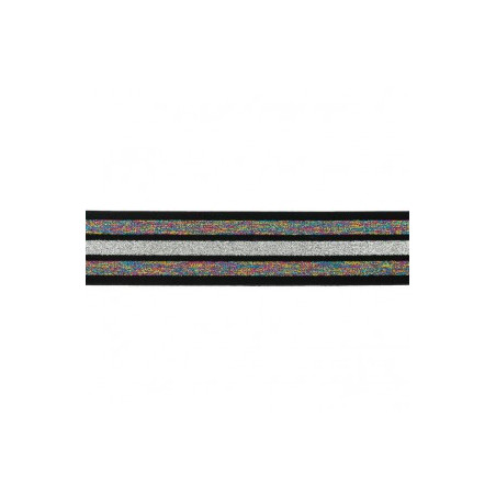 Elastic band 40mm stripes glitter rainbow / black / silver