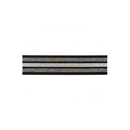 Gummiband 40mm Streifen Glitzer Regenbogen / schwarz / silber