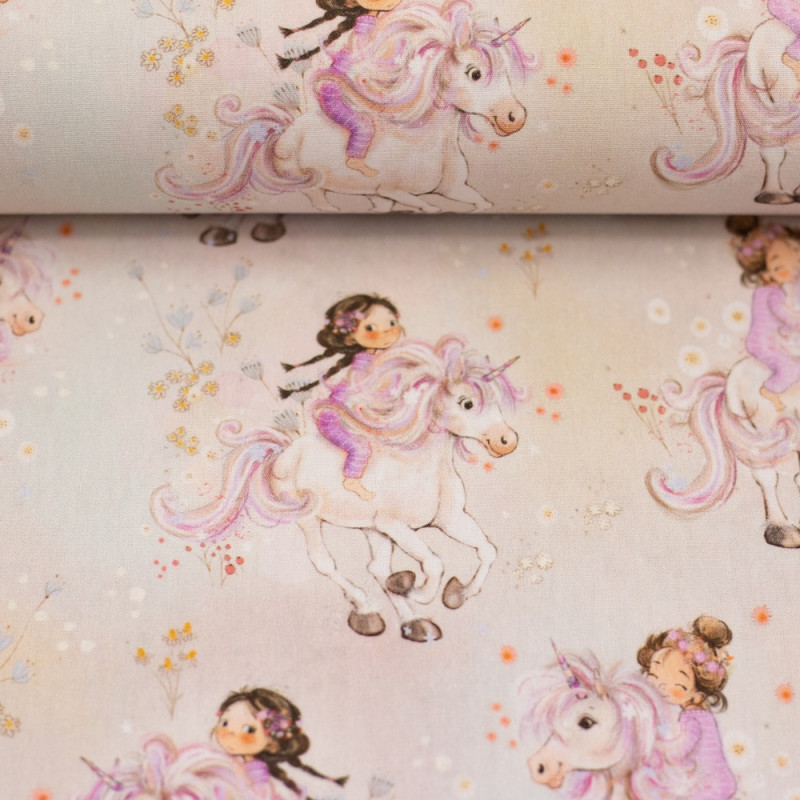 Baumwolle - Traumpferde Einhornmädchen rosa beige Baumwolle - Traumpferde Einhornmädchen rosa beige