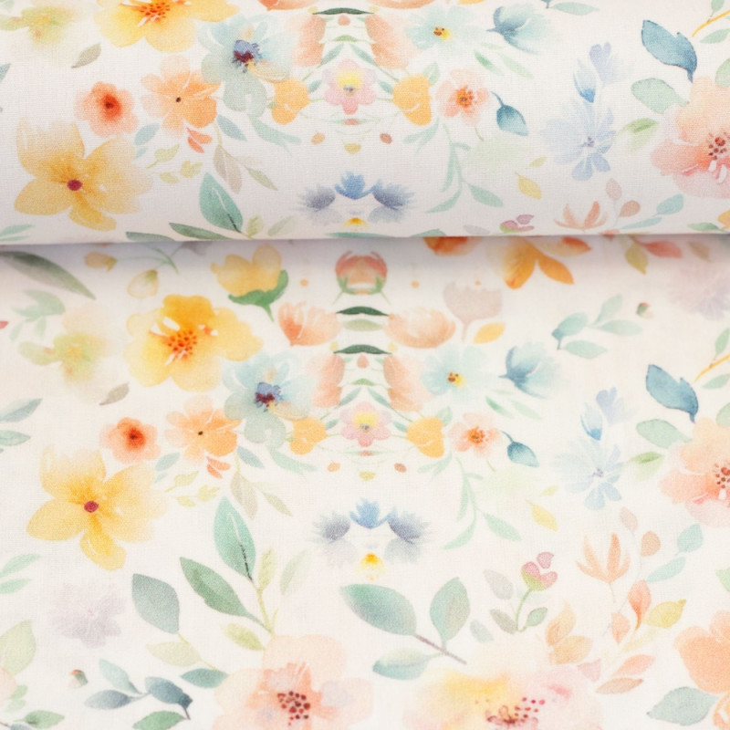 Baumwolle - Aquarellblumen weiss Baumwolle - Aquarellblumen weiss