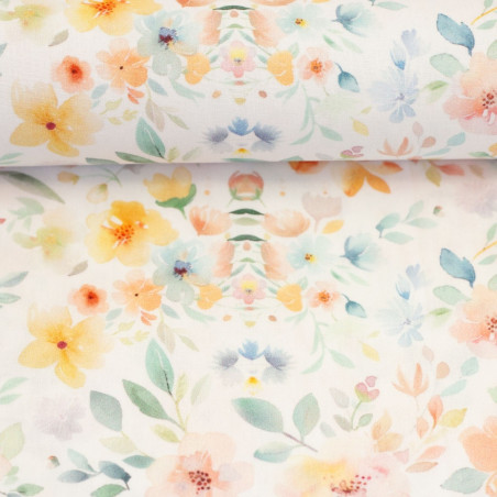 coton tissé - Fleurs aquarelles blanches