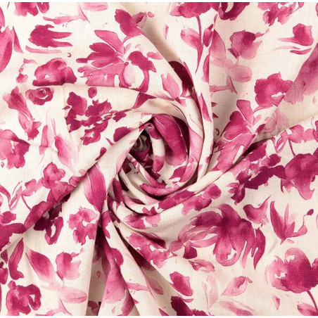 Viskose Leinen - Blumen bordeaux ecru
