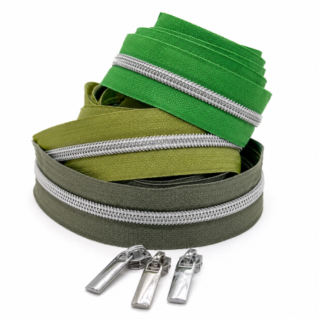 Fermeture éclair sans fin argentée 5 mm - vert gazon, olive ou armée