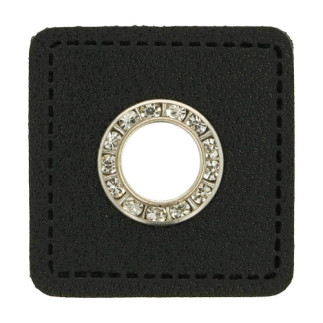 Oeillet sur simili cuir noir 6 mm argent / strass