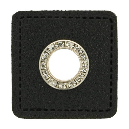 Oeillet sur simili cuir noir 6 mm argent / strass