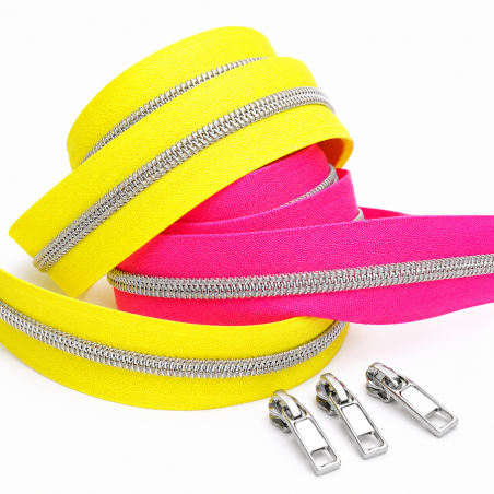 Continuous zipper, metallic silver, 6.5mm - neon - 1m including 3 zipper pulls