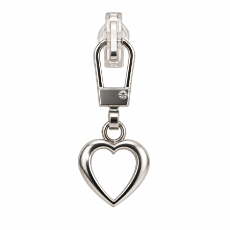 Zipper charm, metal heart, silver