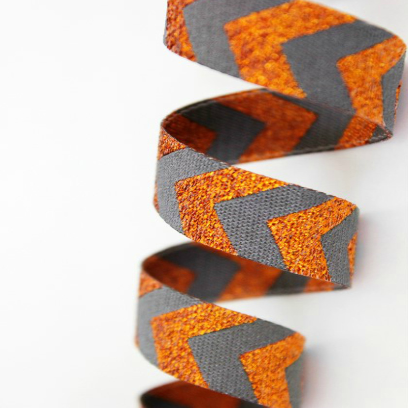 Woven ribbon - Chevron copper-grey with glitter thread