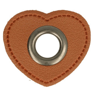 Eyelet on faux leather heart brown 8mm gunmetal