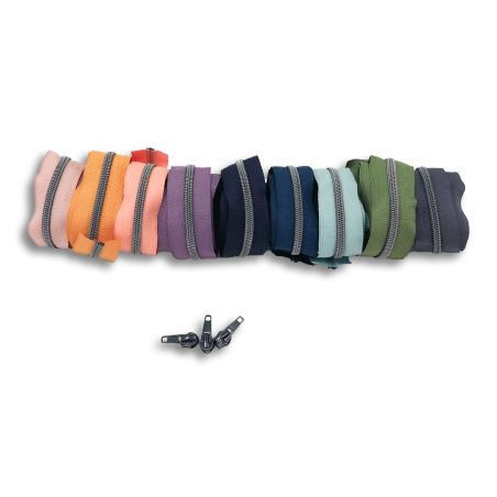 Endless zipper metallic gunmetal colored 6.5mm 1m incl. 3 zipper pulls