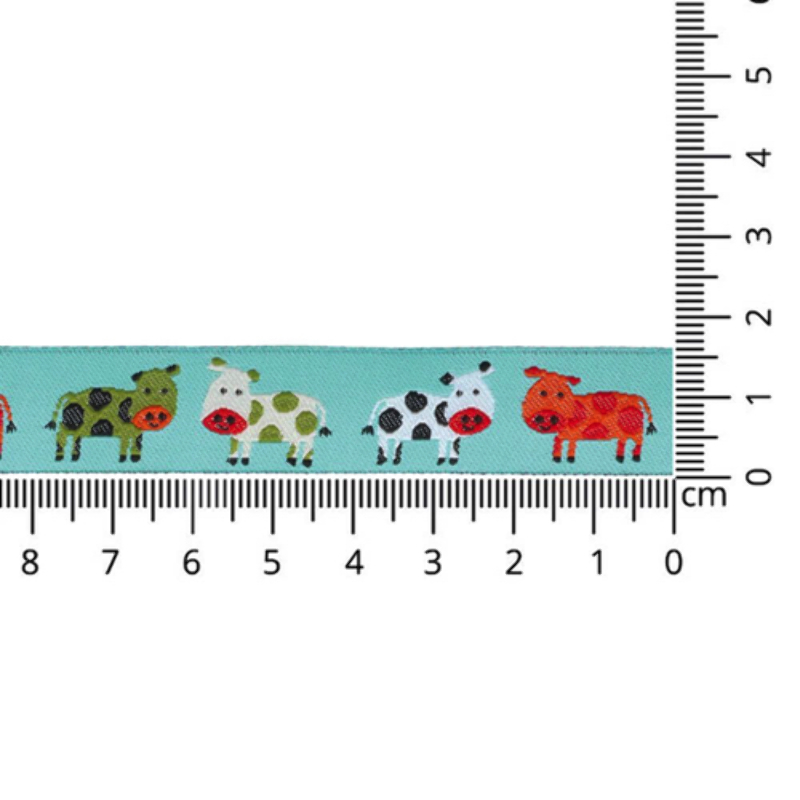 Ruban tissé - vaches turquoise clair