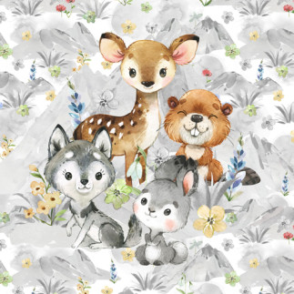 French Terry - Printemps-Animaux de montagne tout blanc cassé 40 x 60 cm