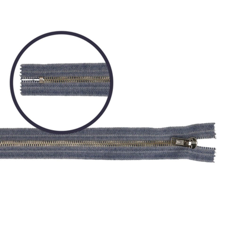 Fermeture éclair pour pantalon 20 cm en laiton, mélange denim