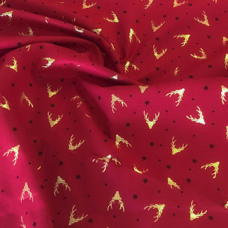 Cotton - Christmas Foil Reindeer Red