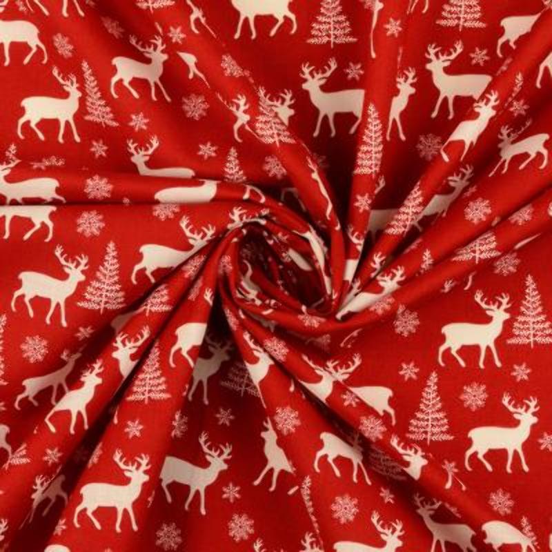 Cotton - Christmas Reindeer Forest Red