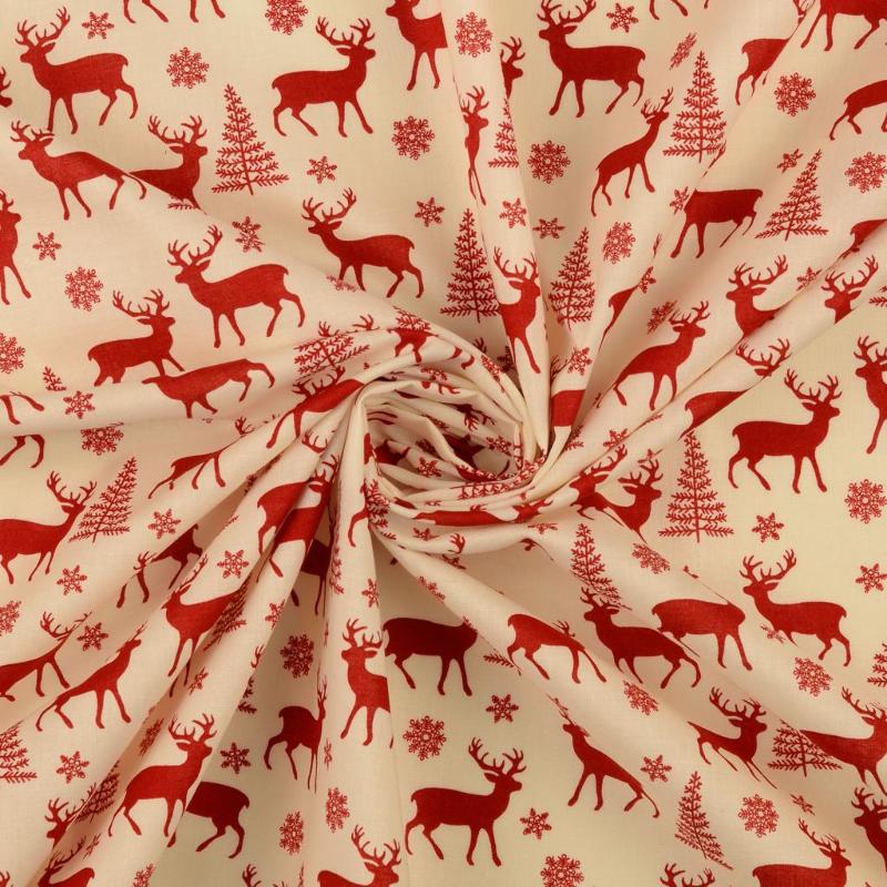 coton tissé - Renne de Noël Forêt écru