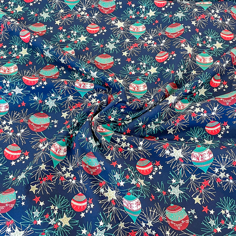 Woven Cotton -  Christmas balls navy