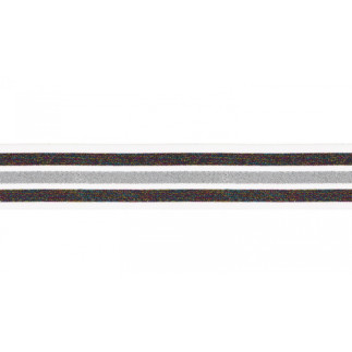 Bande élastique 40 mm rayures paillettes arc-en-ciel / blanc / argent