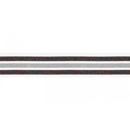 Bande élastique 40 mm rayures paillettes arc-en-ciel / blanc / argent
