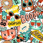tissu enduite acrylique - Boom Cats blanc
