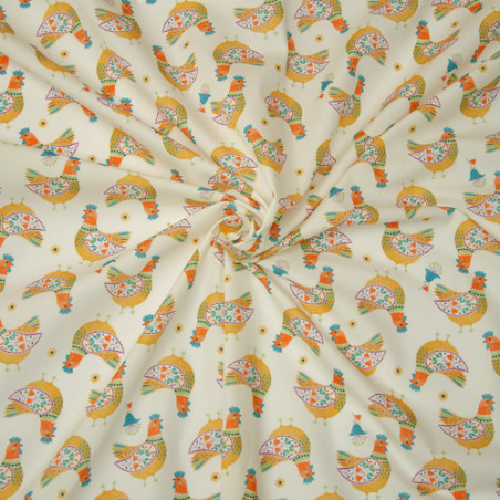 Cotton - Hilco Emilie Chickens yellow on ecru