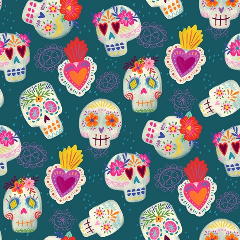 Baumwolle - Dia de Muertos - Skulls teal